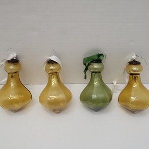 4 Vintage Kugel Midwest Yellow Gold & Green Glass Ornaments Drop Teardrop Pear